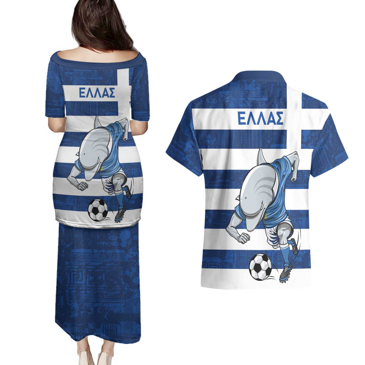 Greece Football Couples Matching Puletasi and Hawaiian Shirt Dolphin Mascot Grunge Style - Wonder Print Shop