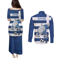 Greece Football Couples Matching Puletasi and Long Sleeve Button Shirt Dolphin Mascot Grunge Style - Wonder Print Shop