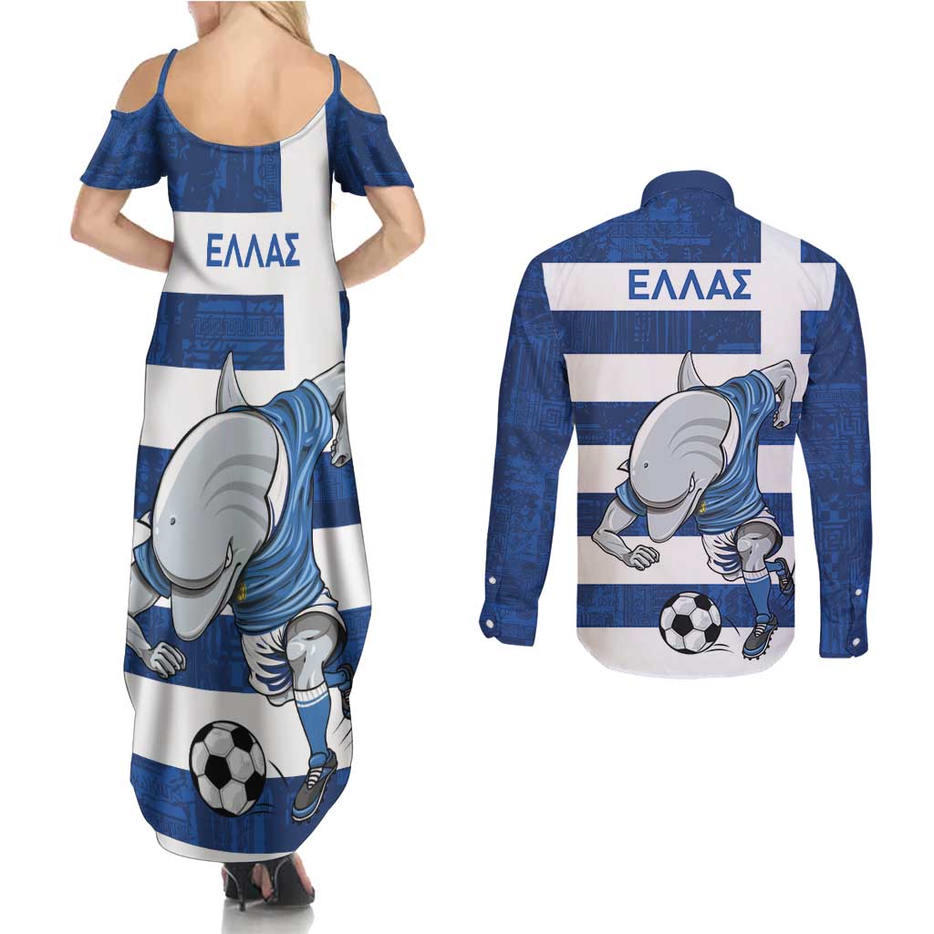 Greece Football Couples Matching Summer Maxi Dress and Long Sleeve Button Shirt Dolphin Mascot Grunge Style - Wonder Print Shop