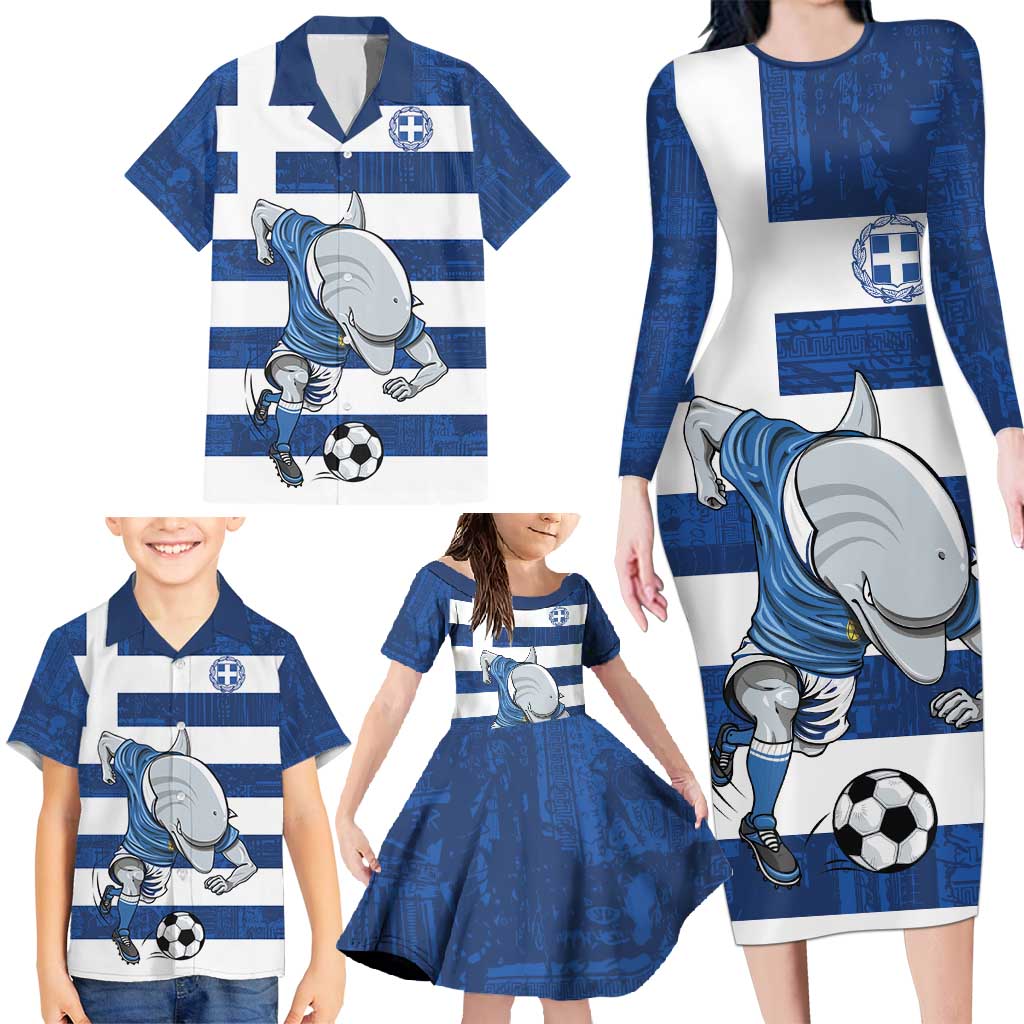 Greece Football Family Matching Long Sleeve Bodycon Dress and Hawaiian Shirt Dolphin Mascot Grunge Style - Wonder Print Shop