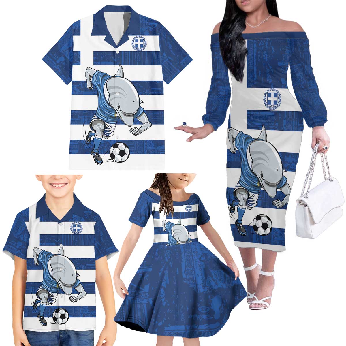 Greece Football Family Matching Off The Shoulder Long Sleeve Dress and Hawaiian Shirt Dolphin Mascot Grunge Style - Wonder Print Shop