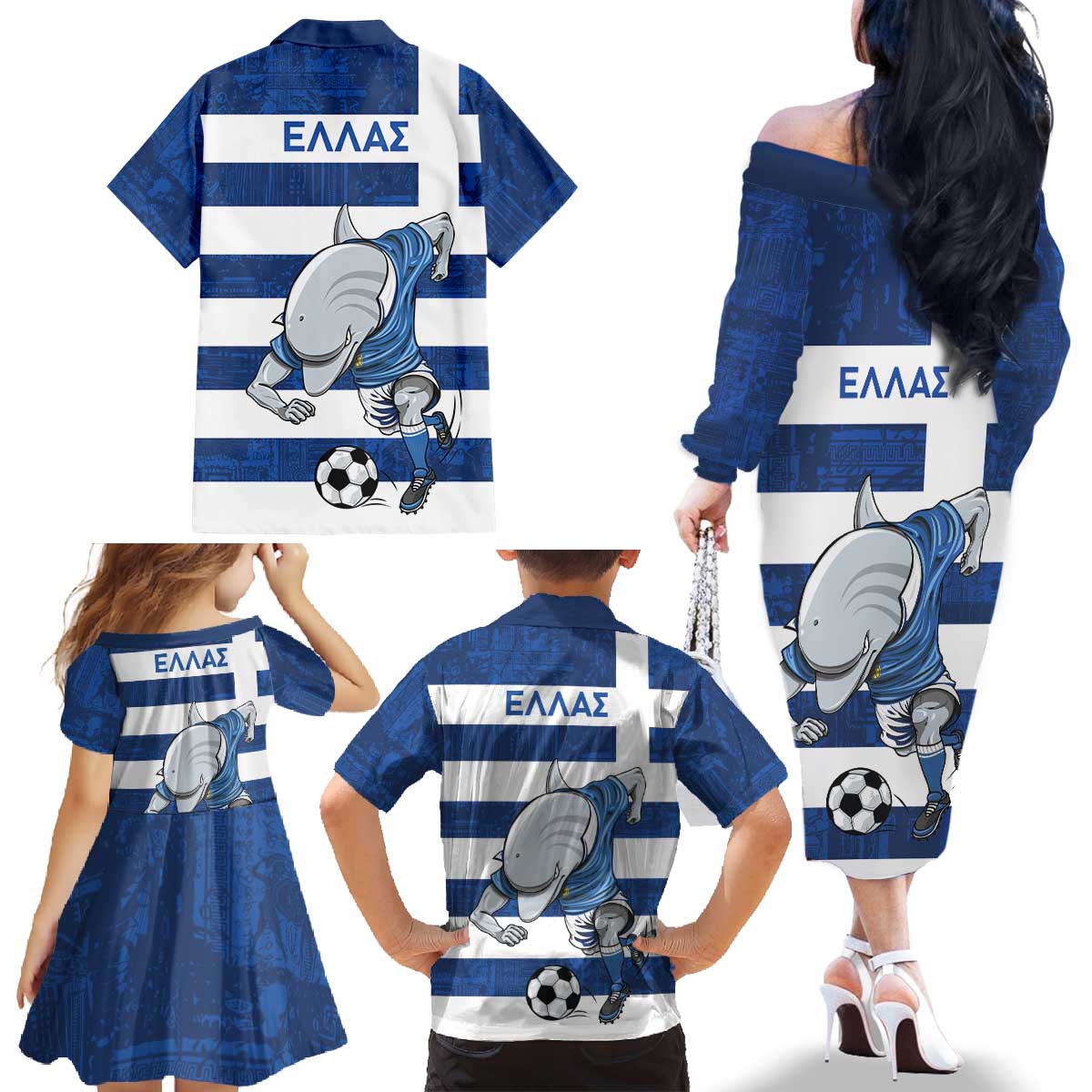 Greece Football Family Matching Off The Shoulder Long Sleeve Dress and Hawaiian Shirt Dolphin Mascot Grunge Style - Wonder Print Shop