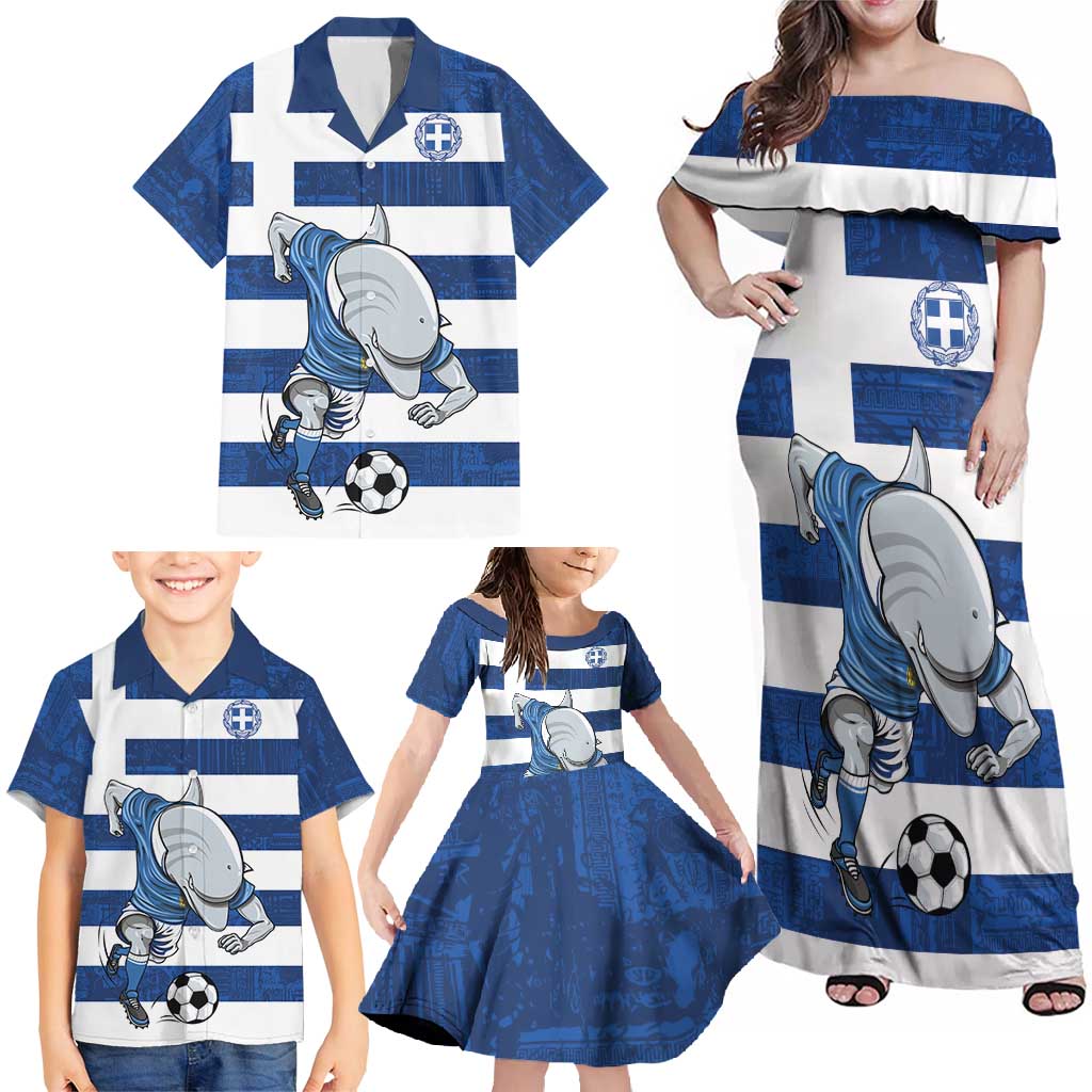 Greece Football Family Matching Off Shoulder Maxi Dress and Hawaiian Shirt Dolphin Mascot Grunge Style - Wonder Print Shop