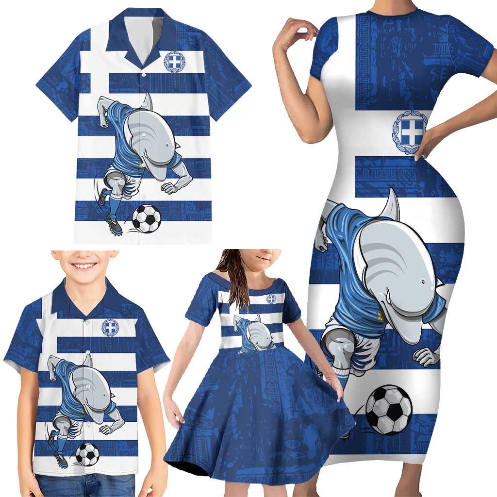 Greece Football Family Matching Short Sleeve Bodycon Dress and Hawaiian Shirt Dolphin Mascot Grunge Style - Wonder Print Shop