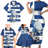 Greece Football Family Matching Short Sleeve Bodycon Dress and Hawaiian Shirt Dolphin Mascot Grunge Style - Wonder Print Shop