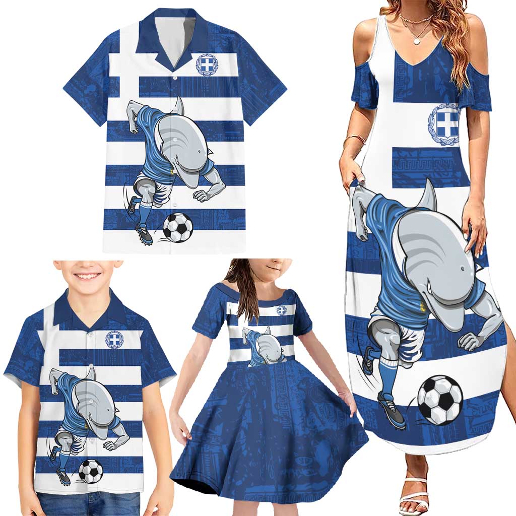 Greece Football Family Matching Summer Maxi Dress and Hawaiian Shirt Dolphin Mascot Grunge Style - Wonder Print Shop