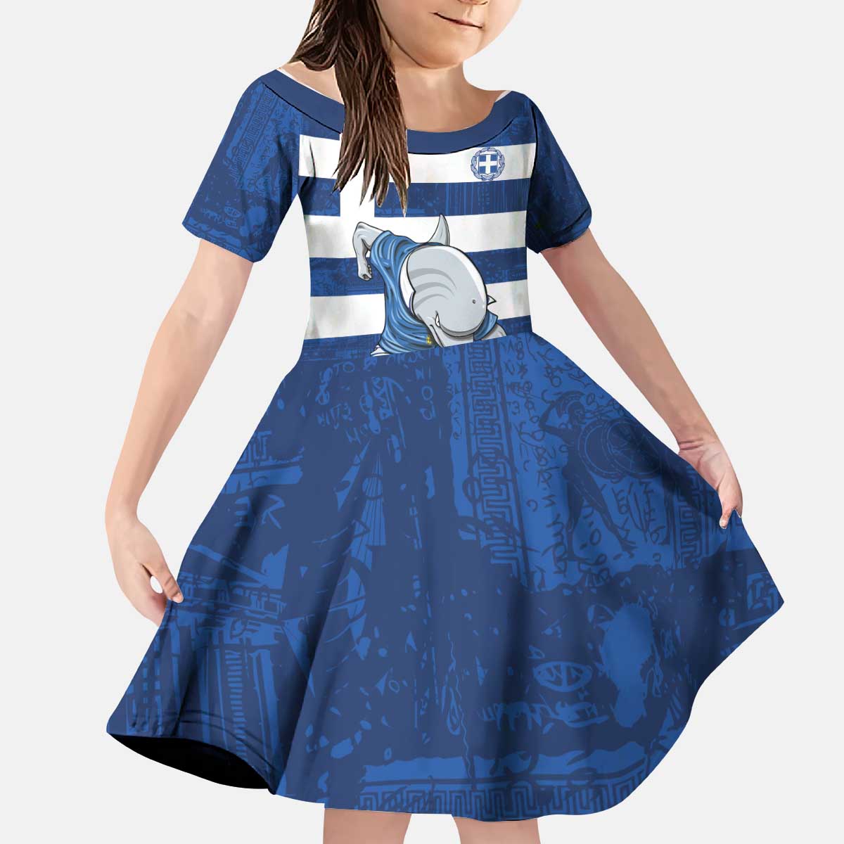 Greece Football Kid Short Sleeve Dress Dolphin Mascot Grunge Style - Wonder Print Shop