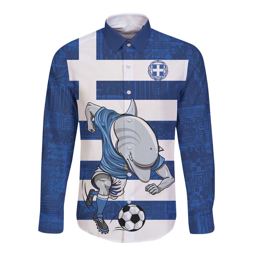 Greece Football Long Sleeve Button Shirt Dolphin Mascot Grunge Style - Wonder Print Shop