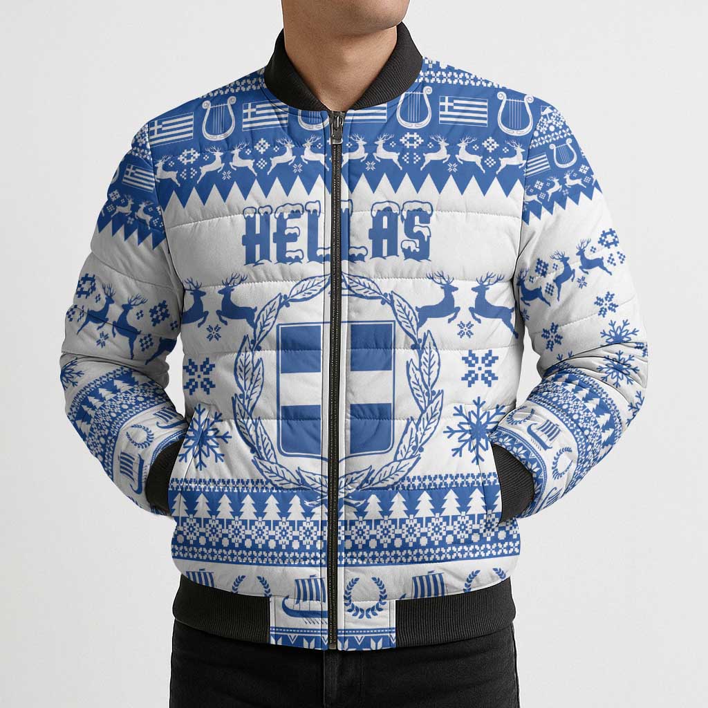 Personalized Christmas Greece Coat Of Arms Bomber Puffer Jacket Hellas Kala Christougena - Wonder Print Shop