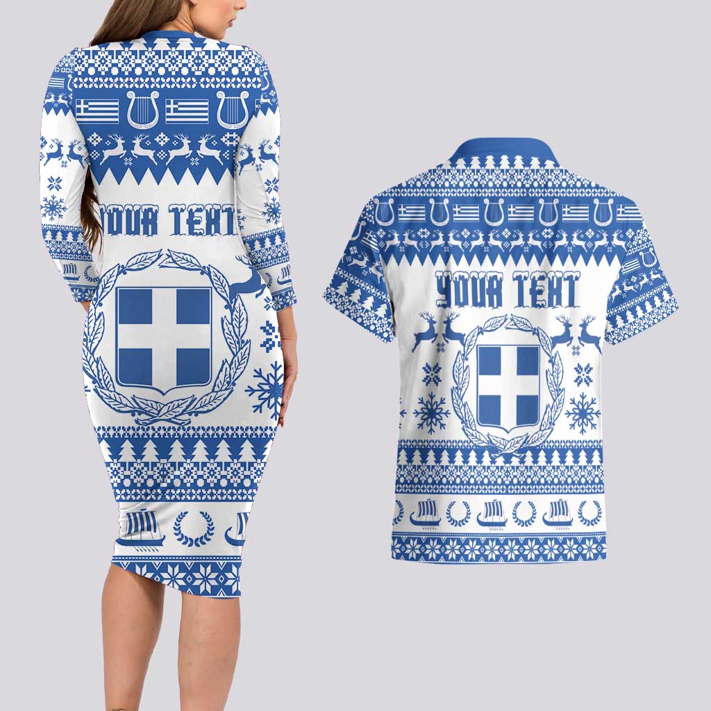 Personalized Christmas Greece Coat Of Arms Couples Matching Long Sleeve Bodycon Dress and Hawaiian Shirt Hellas Kala Christougena - Wonder Print Shop