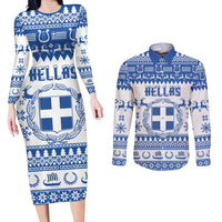Personalized Christmas Greece Coat Of Arms Couples Matching Long Sleeve Bodycon Dress and Long Sleeve Button Shirt Hellas Kala Christougena - Wonder Print Shop