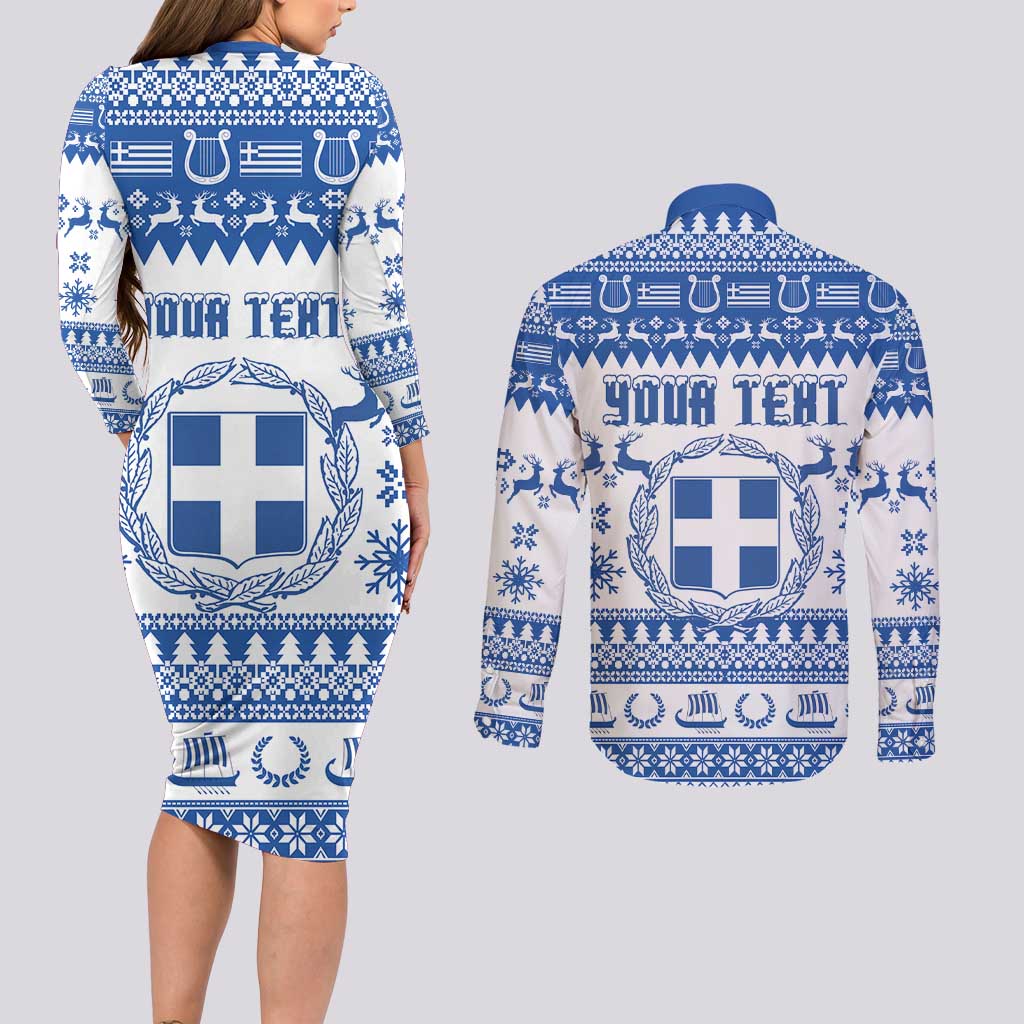 Personalized Christmas Greece Coat Of Arms Couples Matching Long Sleeve Bodycon Dress and Long Sleeve Button Shirt Hellas Kala Christougena - Wonder Print Shop