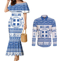 Personalized Christmas Greece Coat Of Arms Couples Matching Mermaid Dress and Long Sleeve Button Shirt Hellas Kala Christougena - Wonder Print Shop