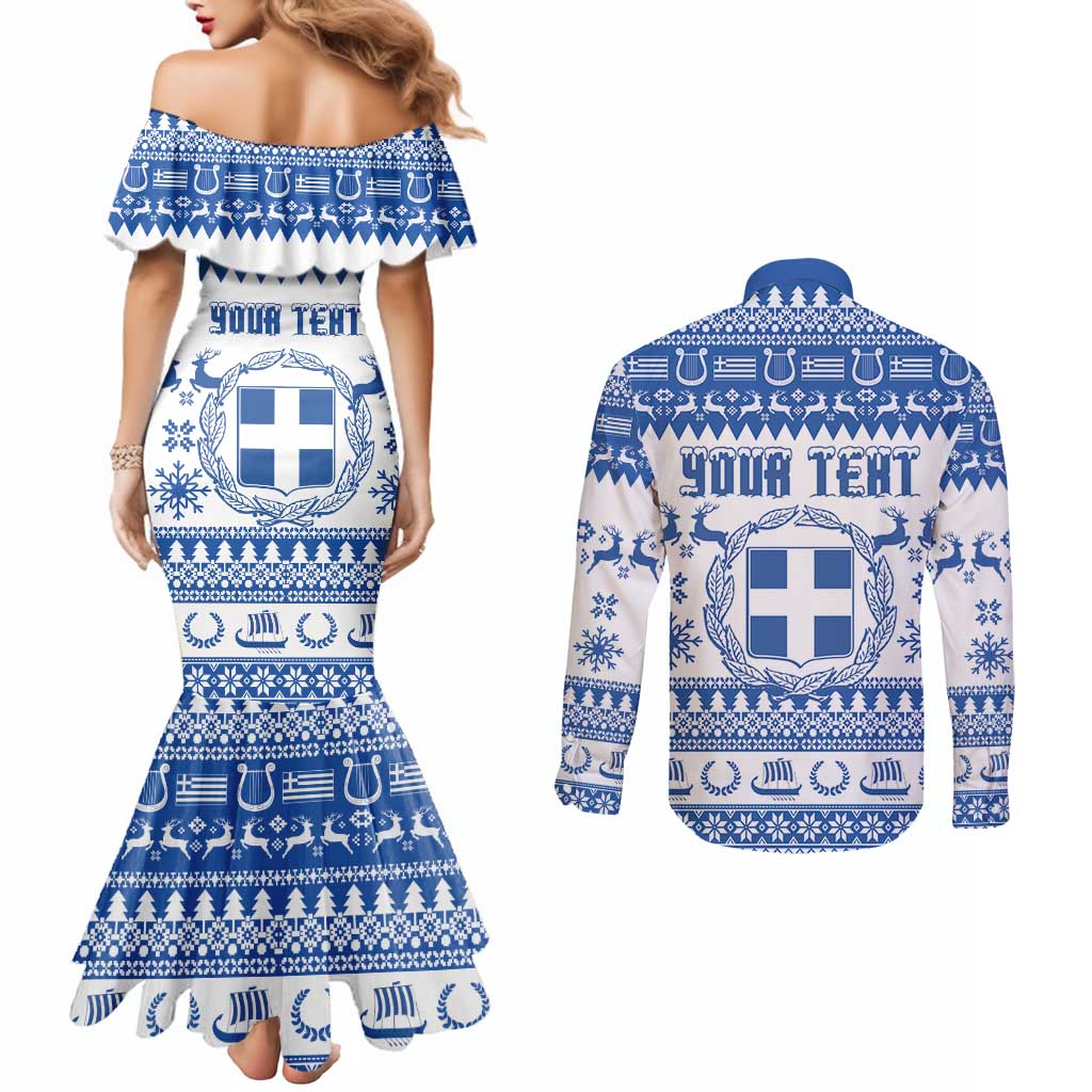 Personalized Christmas Greece Coat Of Arms Couples Matching Mermaid Dress and Long Sleeve Button Shirt Hellas Kala Christougena - Wonder Print Shop