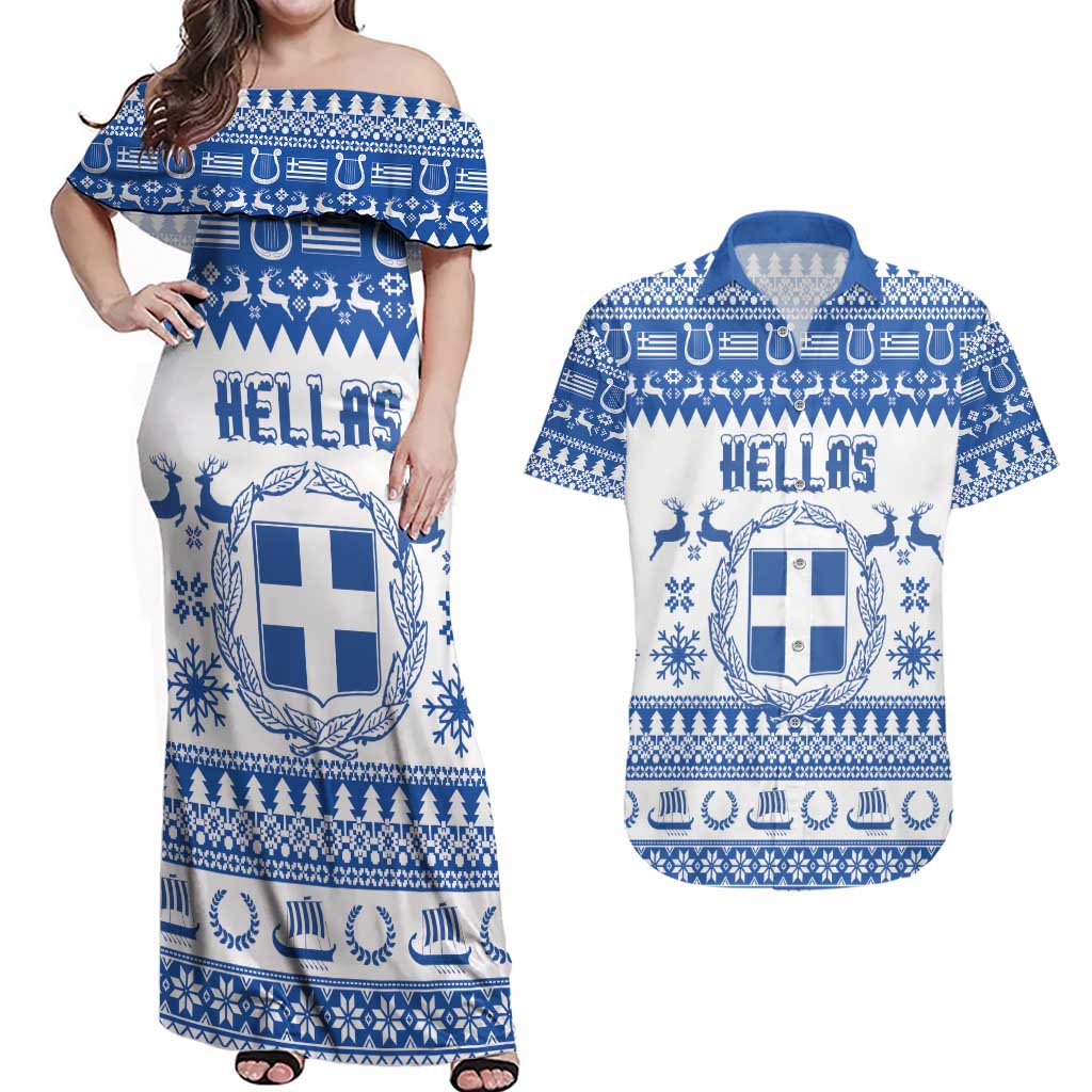 Personalized Christmas Greece Coat Of Arms Couples Matching Off Shoulder Maxi Dress and Hawaiian Shirt Hellas Kala Christougena - Wonder Print Shop