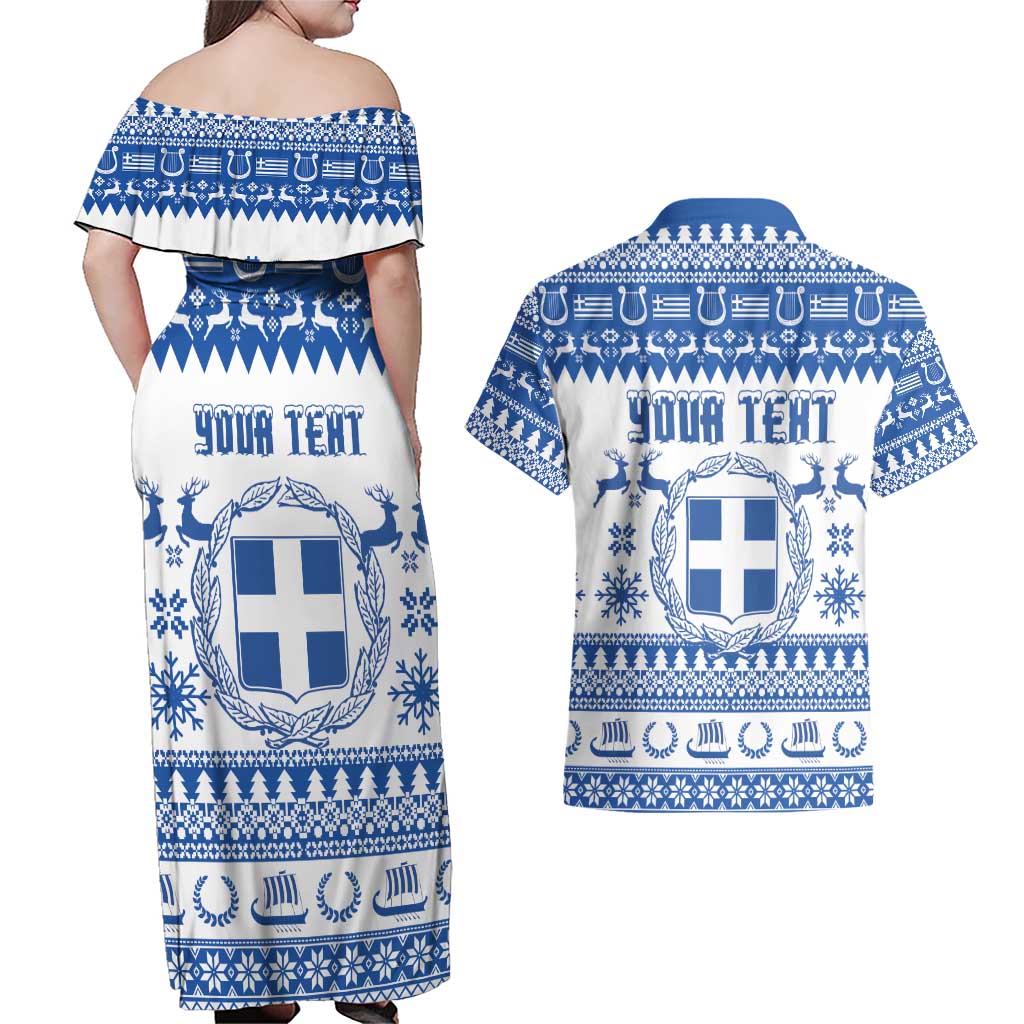 Personalized Christmas Greece Coat Of Arms Couples Matching Off Shoulder Maxi Dress and Hawaiian Shirt Hellas Kala Christougena - Wonder Print Shop
