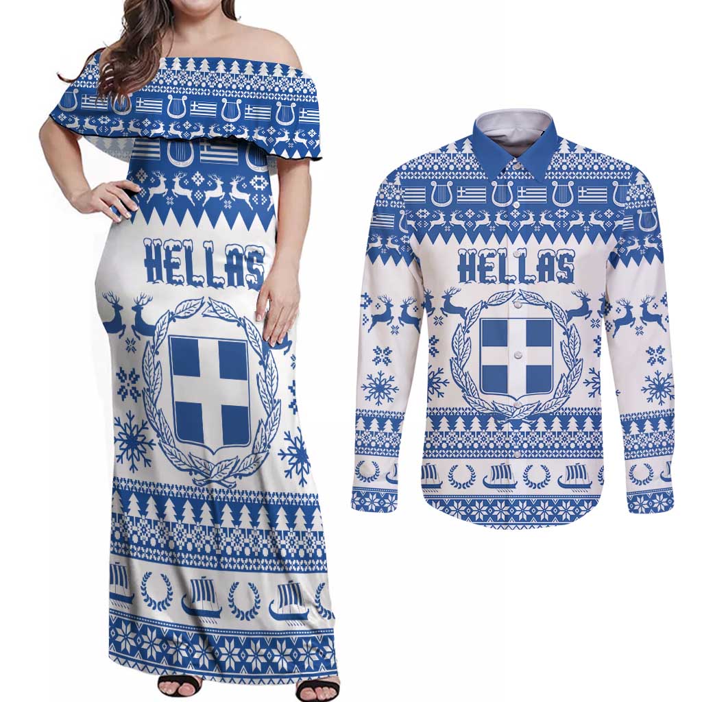 Personalized Christmas Greece Coat Of Arms Couples Matching Off Shoulder Maxi Dress and Long Sleeve Button Shirt Hellas Kala Christougena - Wonder Print Shop