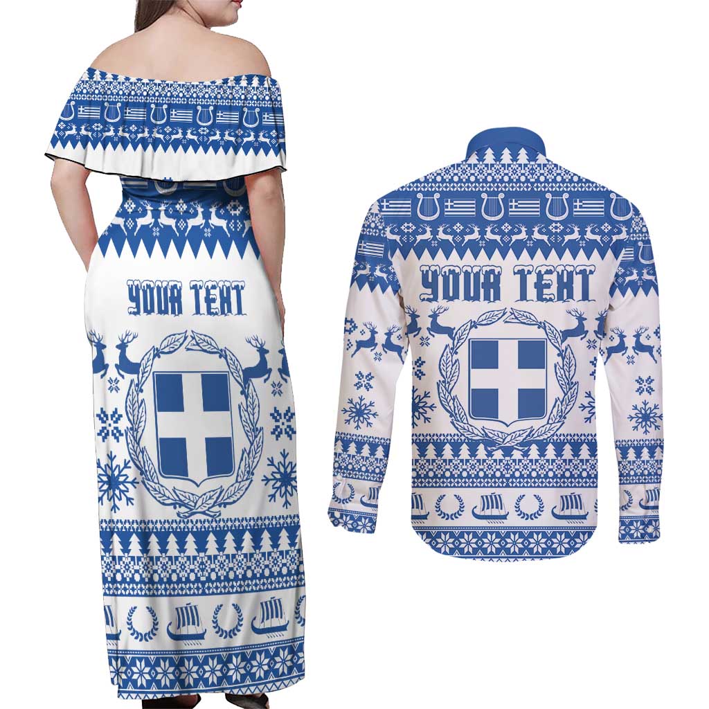Personalized Christmas Greece Coat Of Arms Couples Matching Off Shoulder Maxi Dress and Long Sleeve Button Shirt Hellas Kala Christougena - Wonder Print Shop