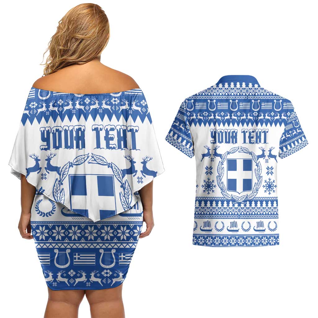 Personalized Christmas Greece Coat Of Arms Couples Matching Off Shoulder Short Dress and Hawaiian Shirt Hellas Kala Christougena - Wonder Print Shop