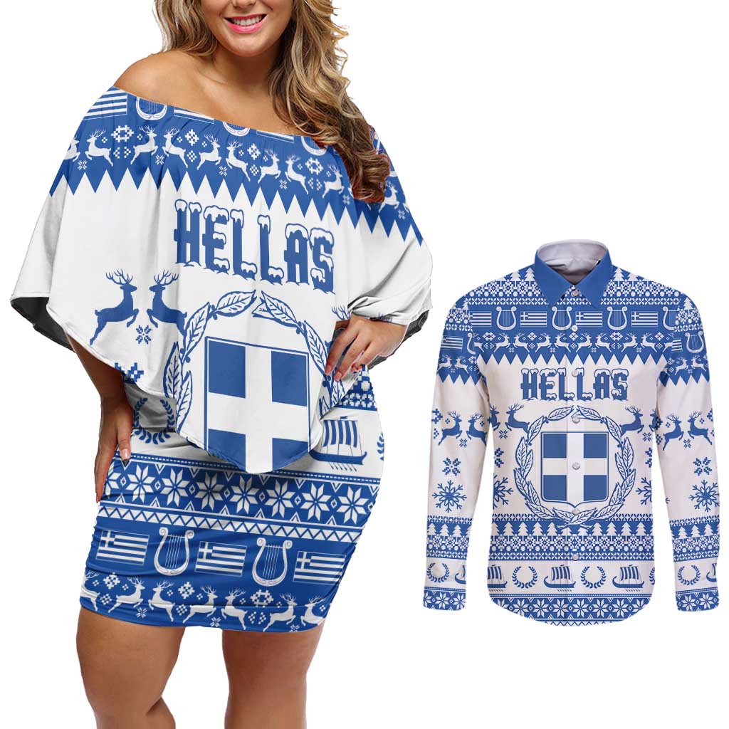 Personalized Christmas Greece Coat Of Arms Couples Matching Off Shoulder Short Dress and Long Sleeve Button Shirt Hellas Kala Christougena - Wonder Print Shop