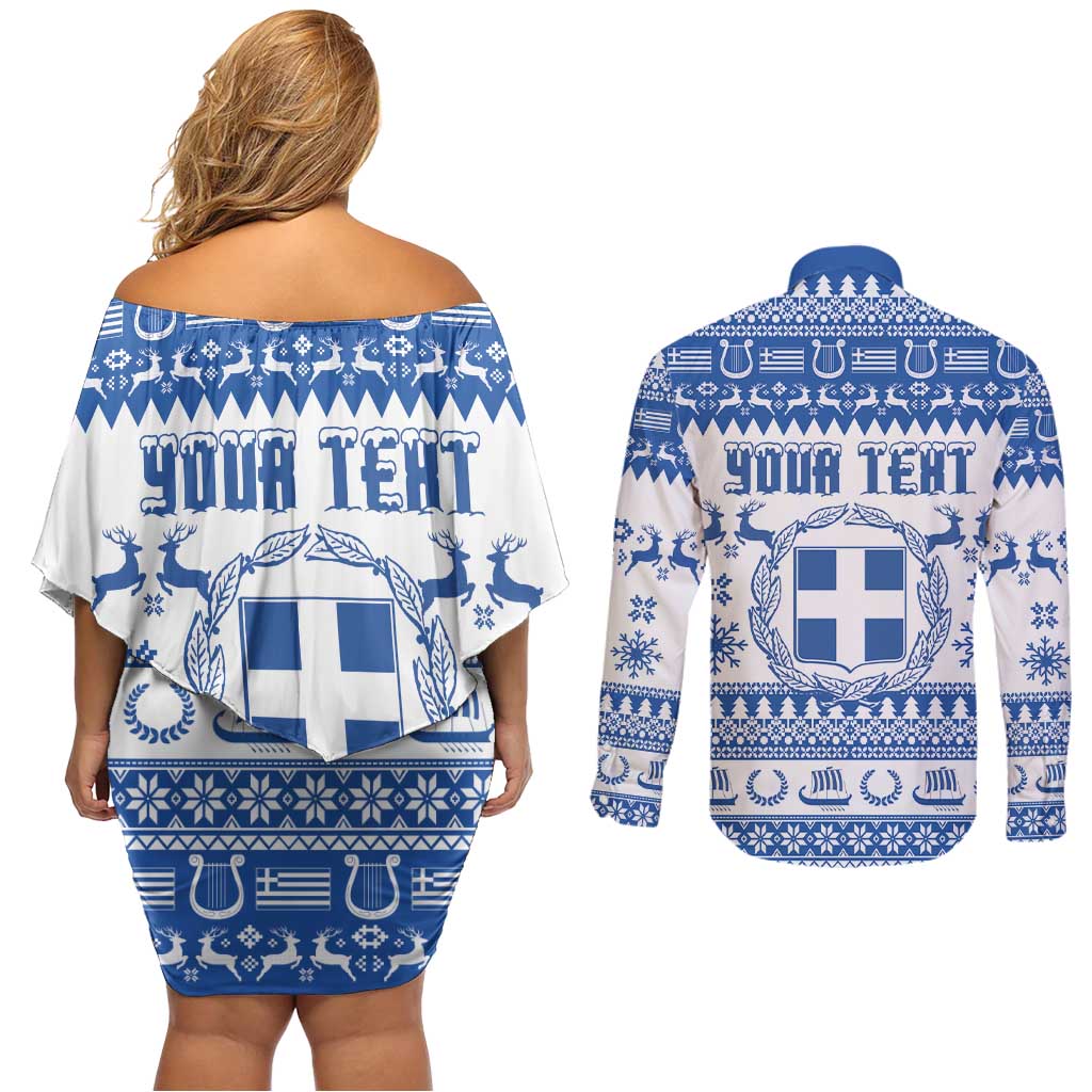 Personalized Christmas Greece Coat Of Arms Couples Matching Off Shoulder Short Dress and Long Sleeve Button Shirt Hellas Kala Christougena - Wonder Print Shop