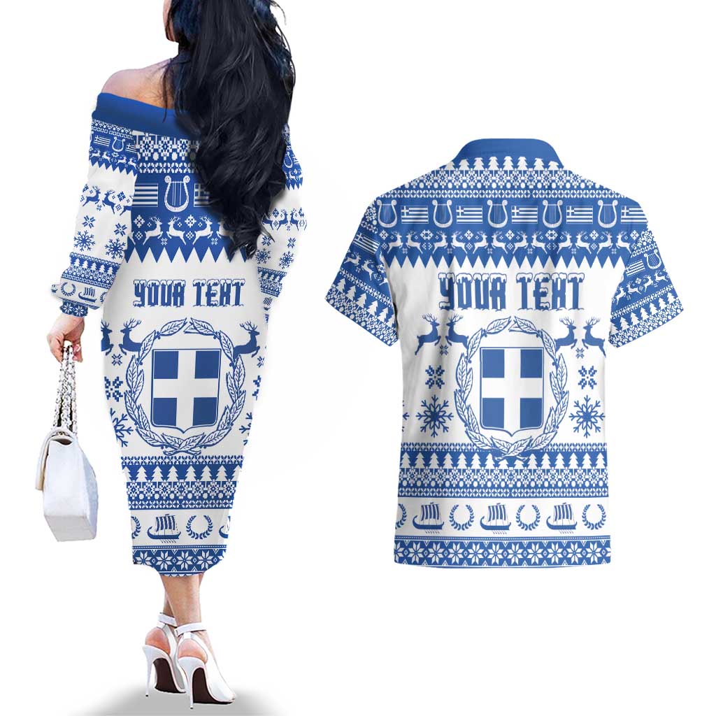 Personalized Christmas Greece Coat Of Arms Couples Matching Off The Shoulder Long Sleeve Dress and Hawaiian Shirt Hellas Kala Christougena - Wonder Print Shop