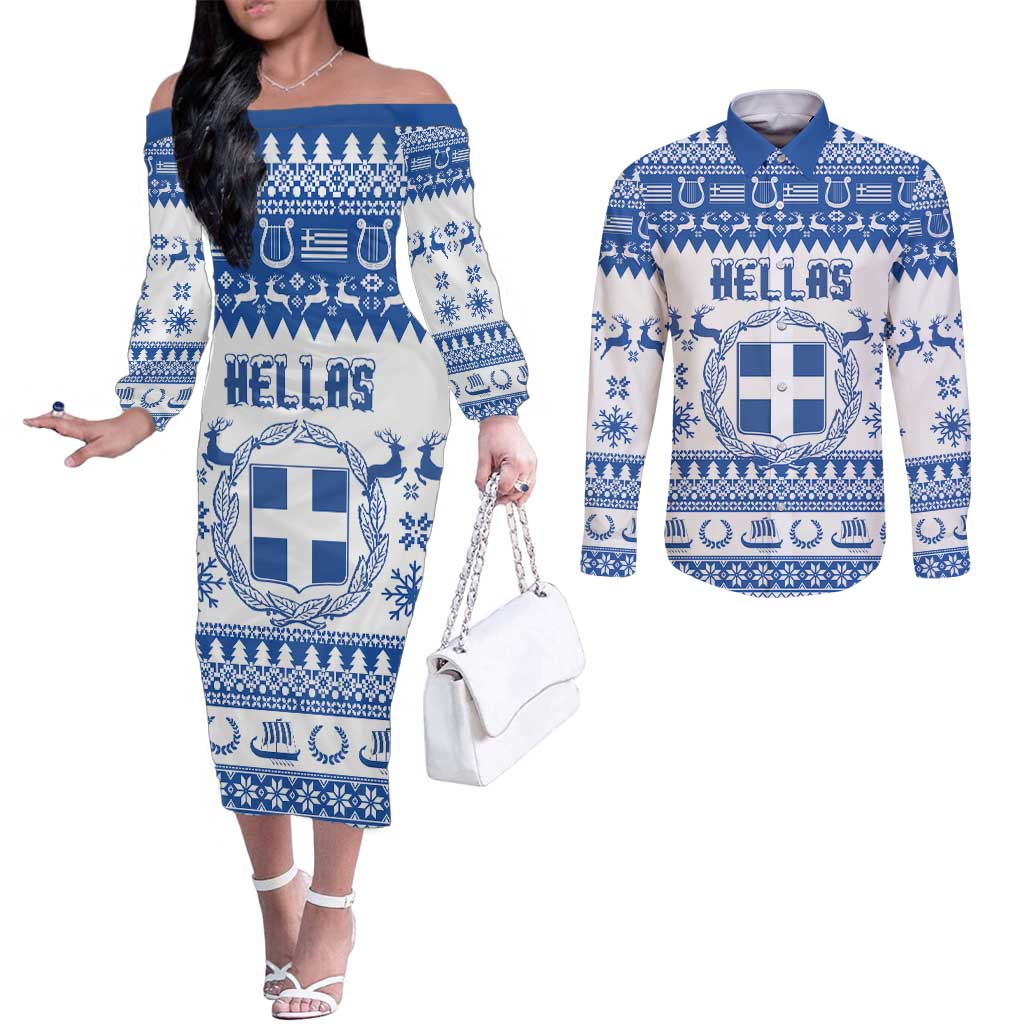 Personalized Christmas Greece Coat Of Arms Couples Matching Off The Shoulder Long Sleeve Dress and Long Sleeve Button Shirt Hellas Kala Christougena - Wonder Print Shop