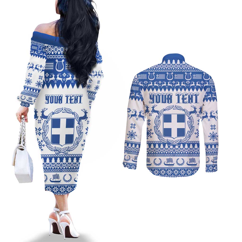 Personalized Christmas Greece Coat Of Arms Couples Matching Off The Shoulder Long Sleeve Dress and Long Sleeve Button Shirt Hellas Kala Christougena - Wonder Print Shop