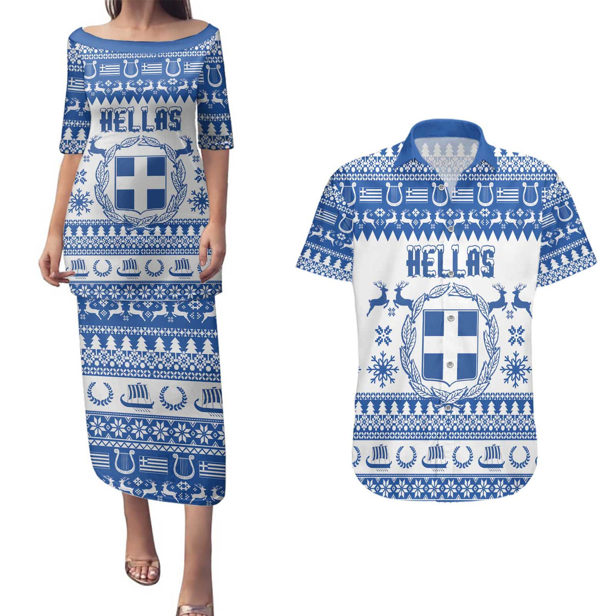 Personalized Christmas Greece Coat Of Arms Couples Matching Puletasi and Hawaiian Shirt Hellas Kala Christougena - Wonder Print Shop
