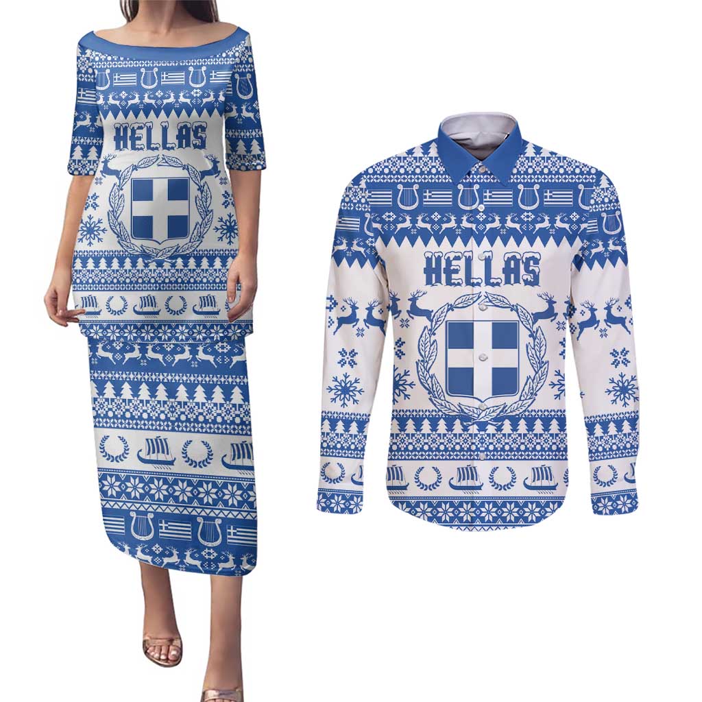 Personalized Christmas Greece Coat Of Arms Couples Matching Puletasi and Long Sleeve Button Shirt Hellas Kala Christougena - Wonder Print Shop