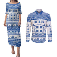 Personalized Christmas Greece Coat Of Arms Couples Matching Puletasi and Long Sleeve Button Shirt Hellas Kala Christougena - Wonder Print Shop