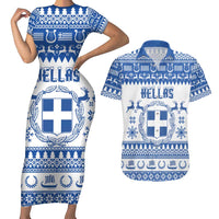 Personalized Christmas Greece Coat Of Arms Couples Matching Short Sleeve Bodycon Dress and Hawaiian Shirt Hellas Kala Christougena - Wonder Print Shop