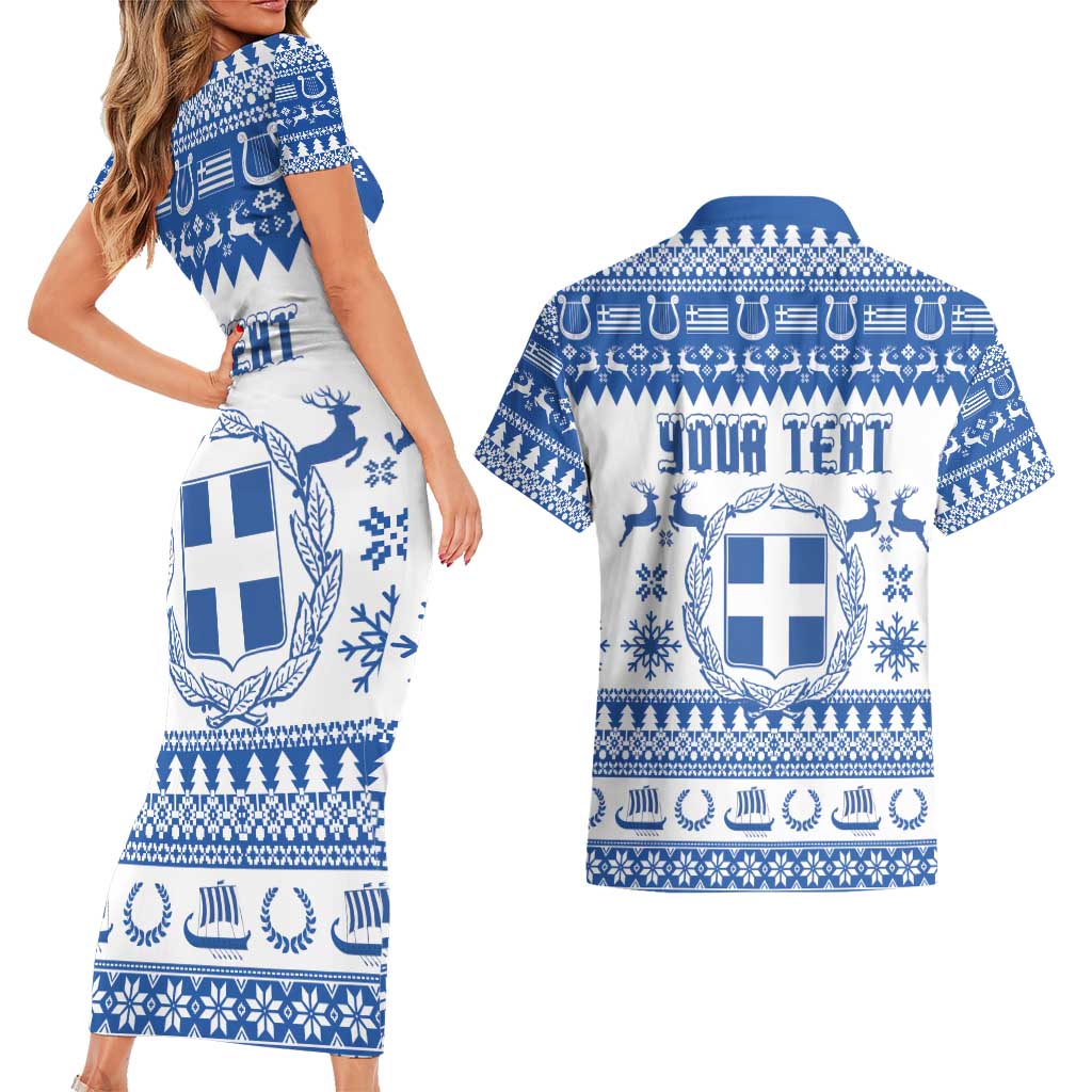Personalized Christmas Greece Coat Of Arms Couples Matching Short Sleeve Bodycon Dress and Hawaiian Shirt Hellas Kala Christougena - Wonder Print Shop