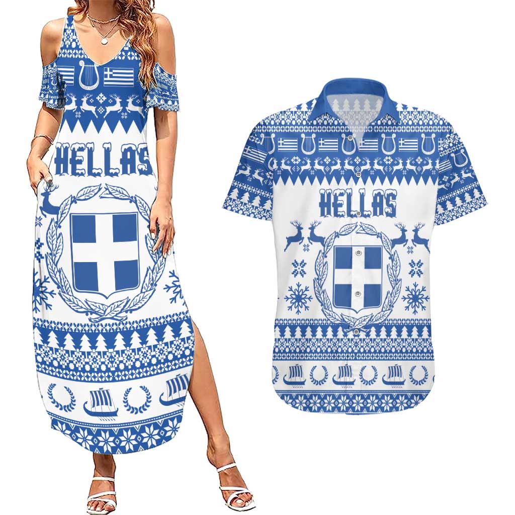 Personalized Christmas Greece Coat Of Arms Couples Matching Summer Maxi Dress and Hawaiian Shirt Hellas Kala Christougena - Wonder Print Shop