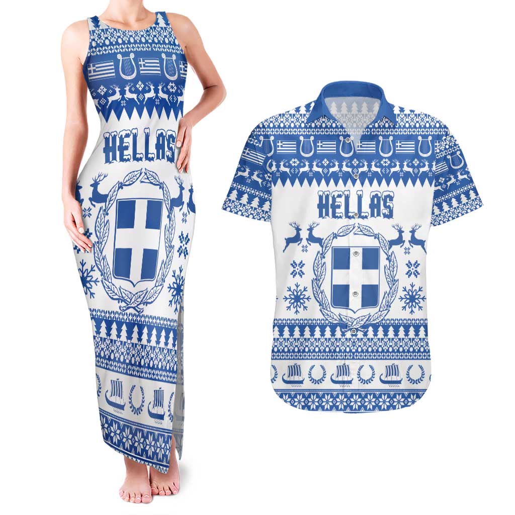 Personalized Christmas Greece Coat Of Arms Couples Matching Tank Maxi Dress and Hawaiian Shirt Hellas Kala Christougena - Wonder Print Shop