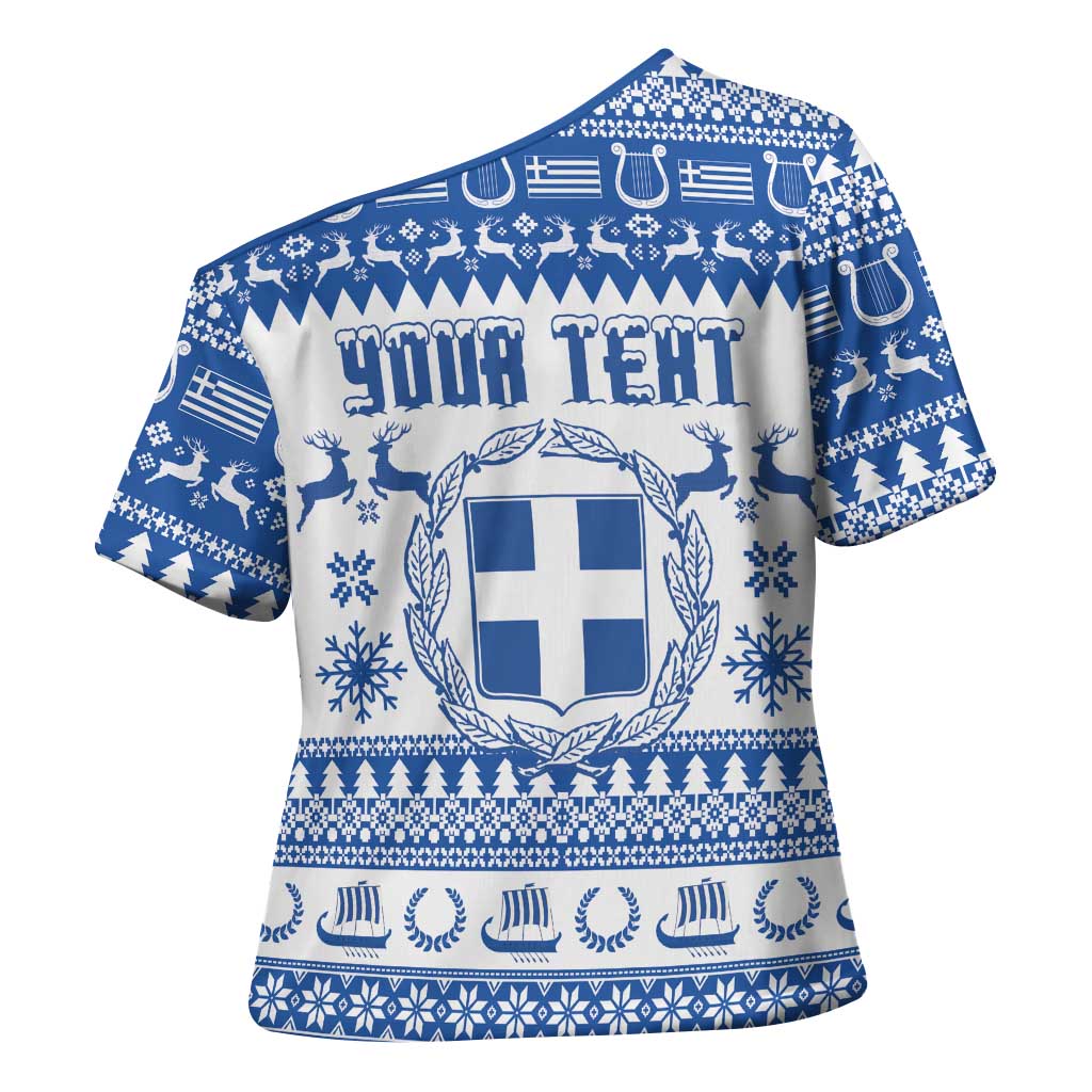 Personalized Christmas Greece Coat Of Arms Cross Shoulder Shirt Hellas Kala Christougena - Wonder Print Shop