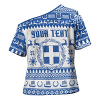Personalized Christmas Greece Coat Of Arms Cross Shoulder Shirt Hellas Kala Christougena - Wonder Print Shop