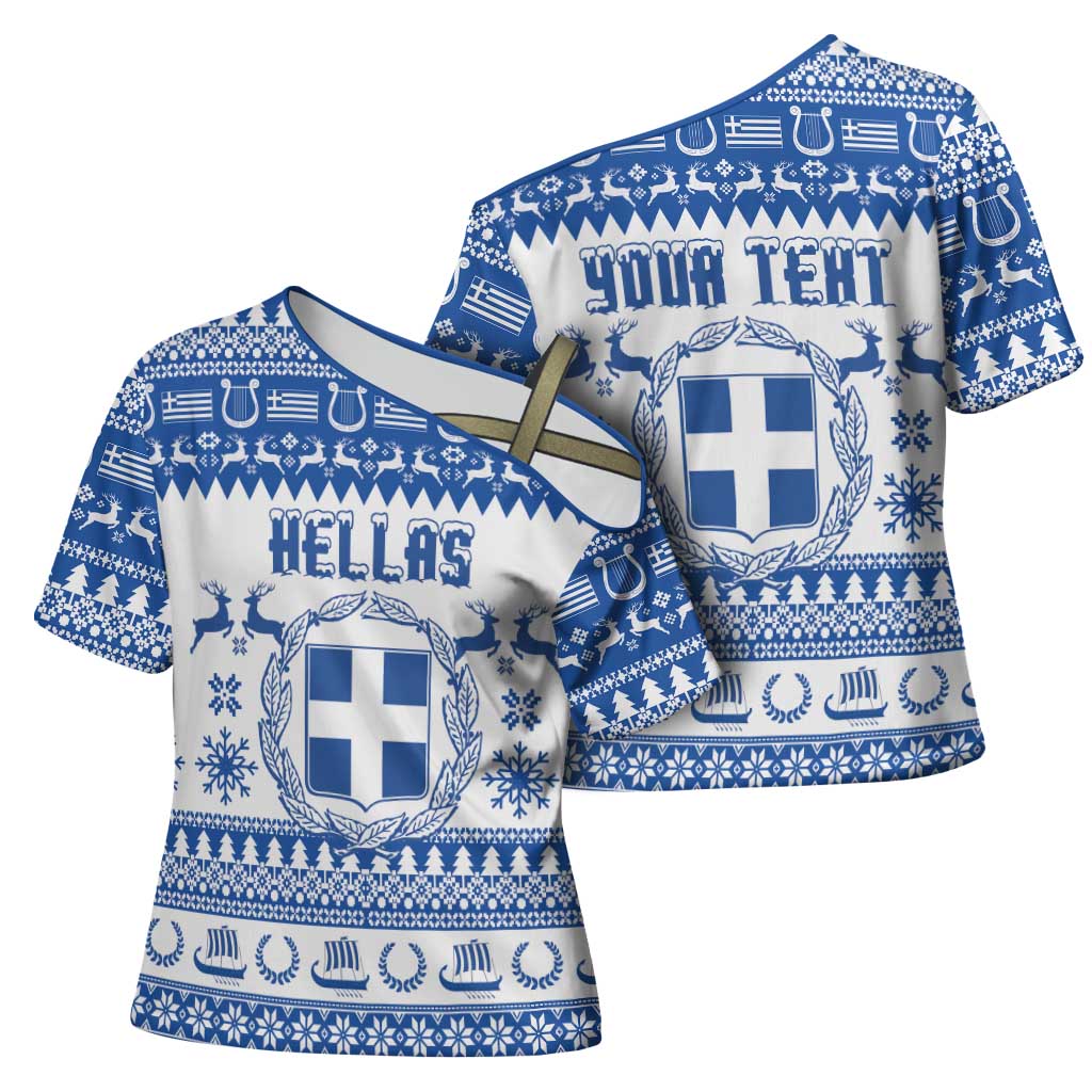 Personalized Christmas Greece Coat Of Arms Cross Shoulder Shirt Hellas Kala Christougena - Wonder Print Shop