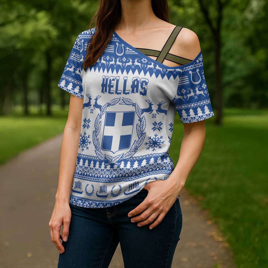 Personalized Christmas Greece Coat Of Arms Cross Shoulder Shirt Hellas Kala Christougena - Wonder Print Shop
