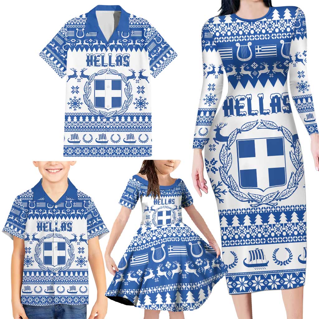 Personalized Christmas Greece Coat Of Arms Family Matching Long Sleeve Bodycon Dress and Hawaiian Shirt Hellas Kala Christougena - Wonder Print Shop