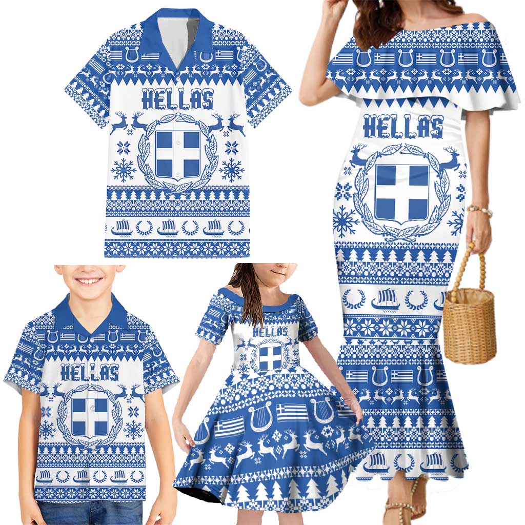 Personalized Christmas Greece Coat Of Arms Family Matching Mermaid Dress and Hawaiian Shirt Hellas Kala Christougena - Wonder Print Shop
