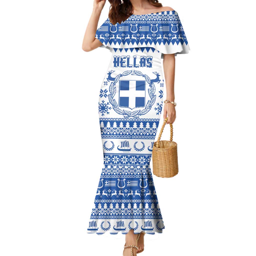 Personalized Christmas Greece Coat Of Arms Family Matching Mermaid Dress and Hawaiian Shirt Hellas Kala Christougena - Wonder Print Shop