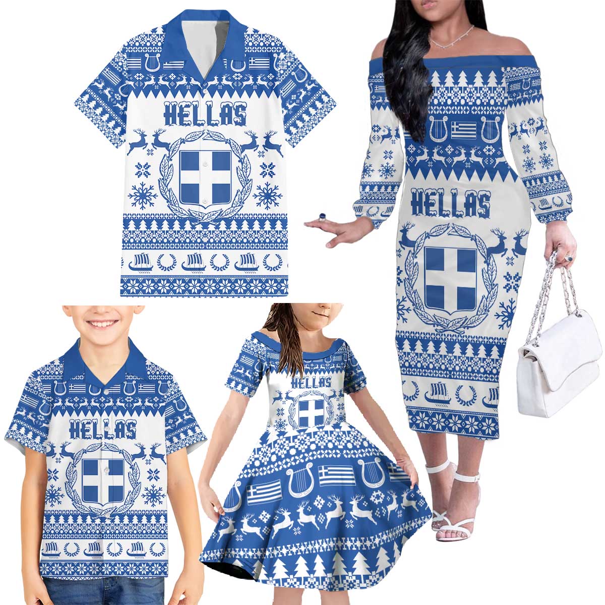 Personalized Christmas Greece Coat Of Arms Family Matching Off The Shoulder Long Sleeve Dress and Hawaiian Shirt Hellas Kala Christougena - Wonder Print Shop