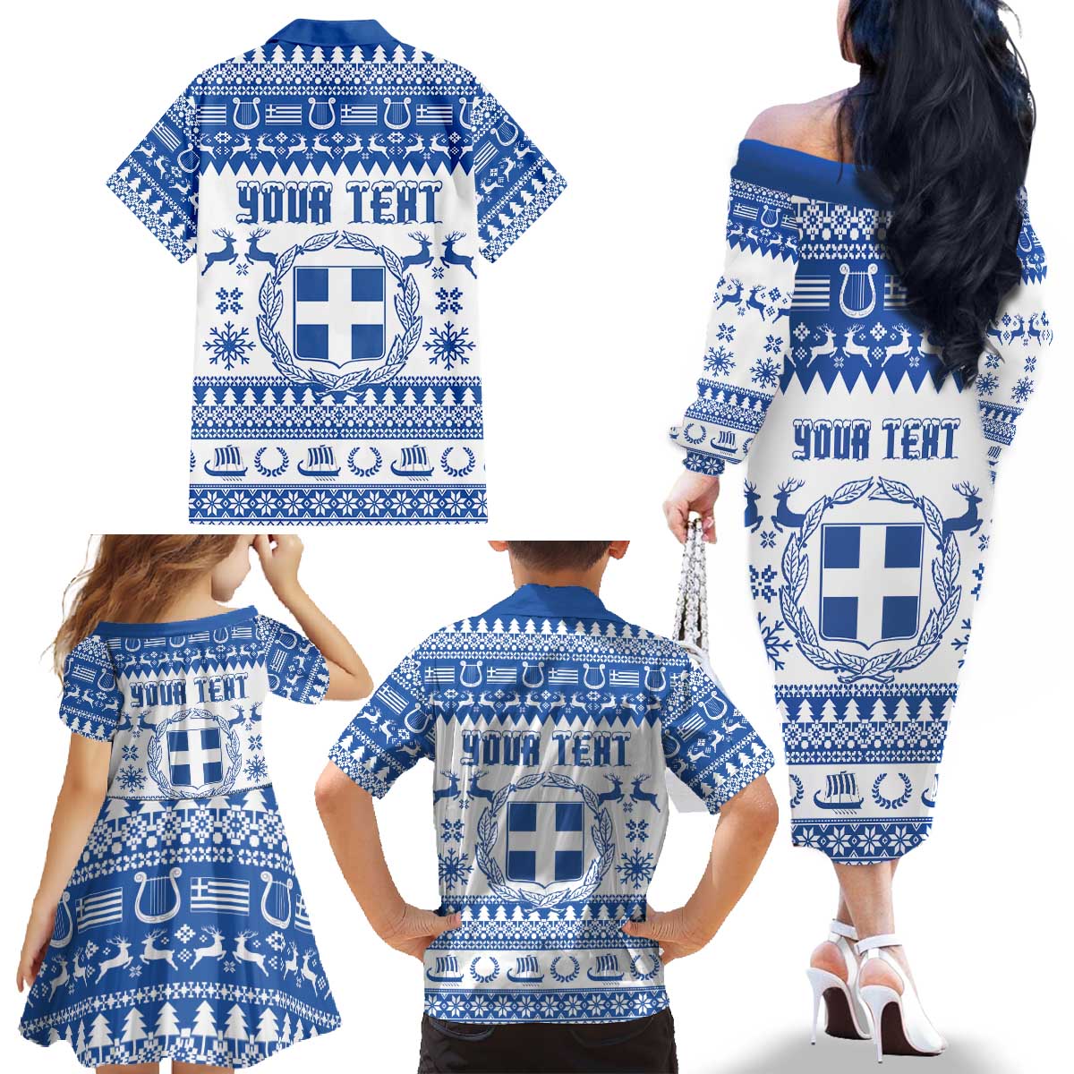 Personalized Christmas Greece Coat Of Arms Family Matching Off The Shoulder Long Sleeve Dress and Hawaiian Shirt Hellas Kala Christougena - Wonder Print Shop