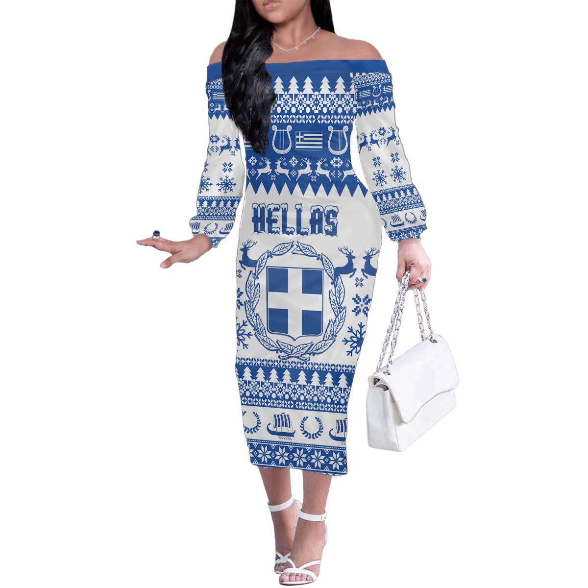 Personalized Christmas Greece Coat Of Arms Family Matching Off The Shoulder Long Sleeve Dress and Hawaiian Shirt Hellas Kala Christougena - Wonder Print Shop