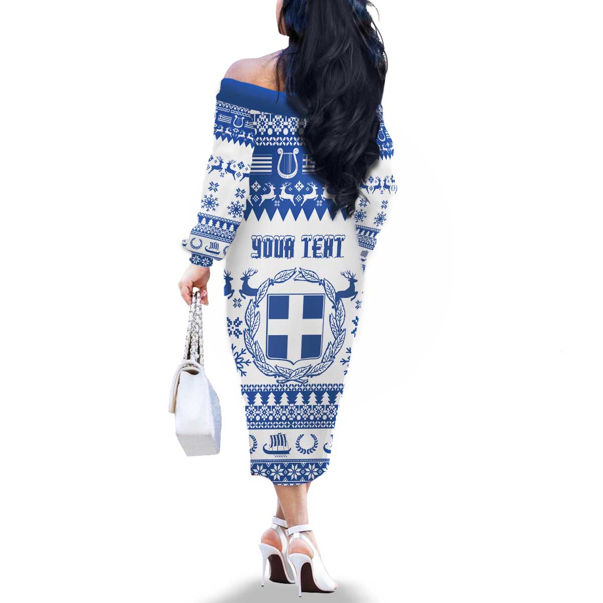 Personalized Christmas Greece Coat Of Arms Family Matching Off The Shoulder Long Sleeve Dress and Hawaiian Shirt Hellas Kala Christougena - Wonder Print Shop