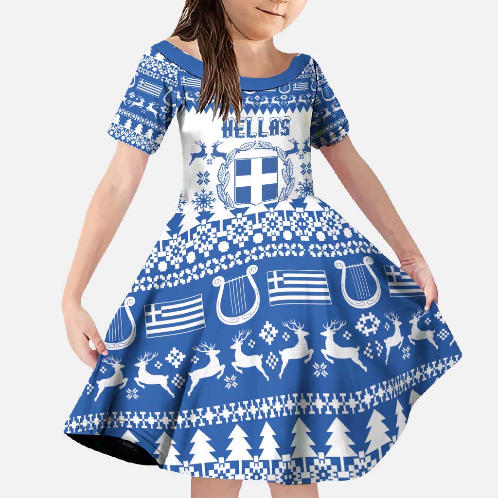 Personalized Christmas Greece Coat Of Arms Family Matching Off Shoulder Maxi Dress and Hawaiian Shirt Hellas Kala Christougena - Wonder Print Shop