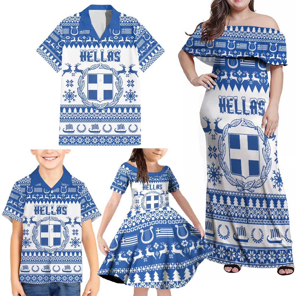 Personalized Christmas Greece Coat Of Arms Family Matching Off Shoulder Maxi Dress and Hawaiian Shirt Hellas Kala Christougena - Wonder Print Shop