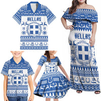 Personalized Christmas Greece Coat Of Arms Family Matching Off Shoulder Maxi Dress and Hawaiian Shirt Hellas Kala Christougena - Wonder Print Shop