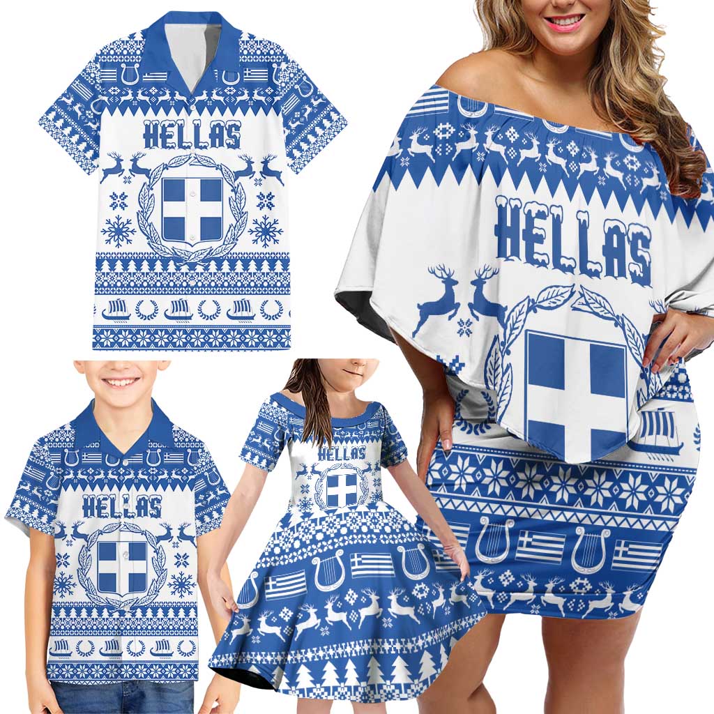 Personalized Christmas Greece Coat Of Arms Family Matching Off Shoulder Short Dress and Hawaiian Shirt Hellas Kala Christougena - Wonder Print Shop
